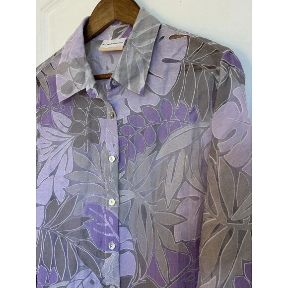 Alfred Dunner Womens 18W Floral Sheer Button Front Blouse Purple Taupe Easter - Picture 3 of 11